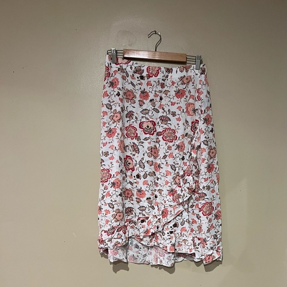 Robert Louis Pink Floral Midi Skirt Ruffle Elastic Waistband Size Large - Picture 1 of 7